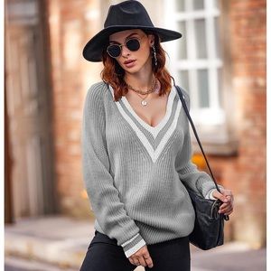 Zeagoo Sweater for Women V Neck Classic Fit Pullover Top Grey/White M  NWT